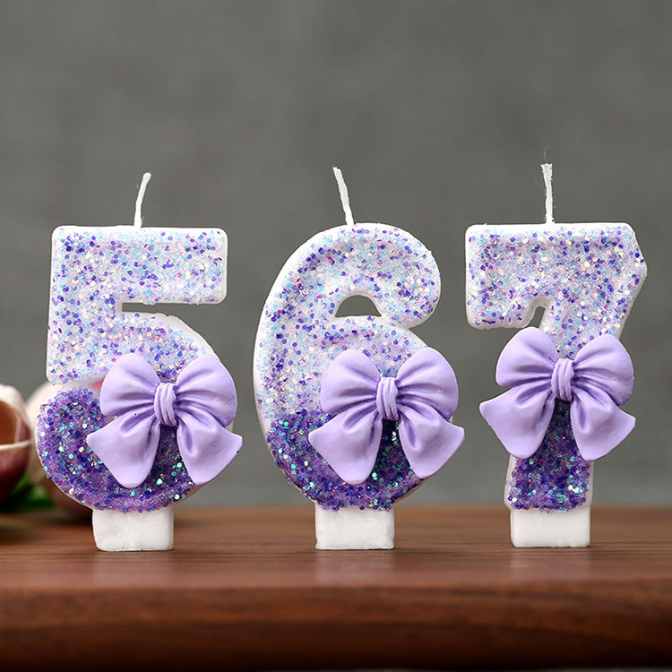 Holiday Candle Set - Yaratıcı Simli Kademeli Mor Fiyonklu 0-9